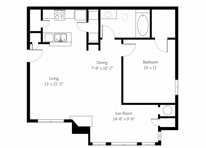 Floor plan for 1 bed, 1 bath, 854 sqft